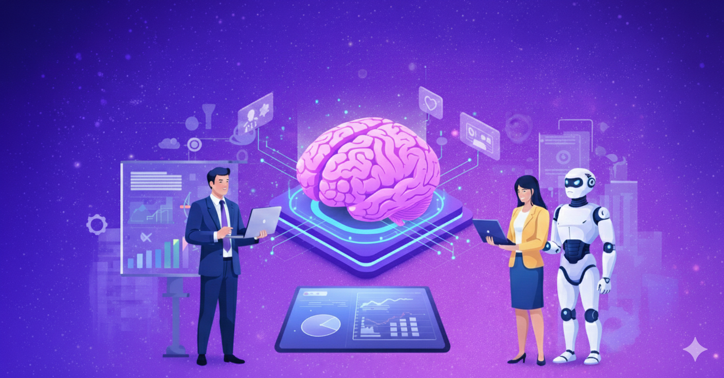 Business leaders and AI working together around data and insights